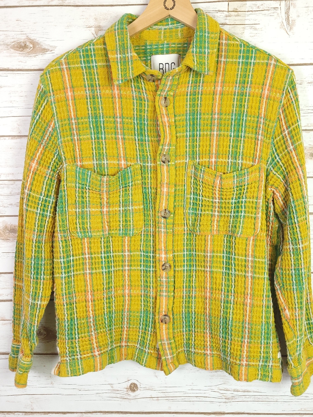 BDG Shirt Medium Yellow Green Plaid Woven Knit Buttons Shacket